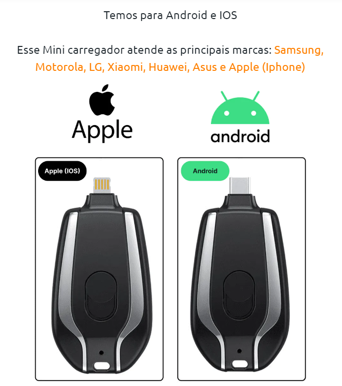 Mini Carregador e Chaveiro  2 em 1 + 70% Off + Frete grátis